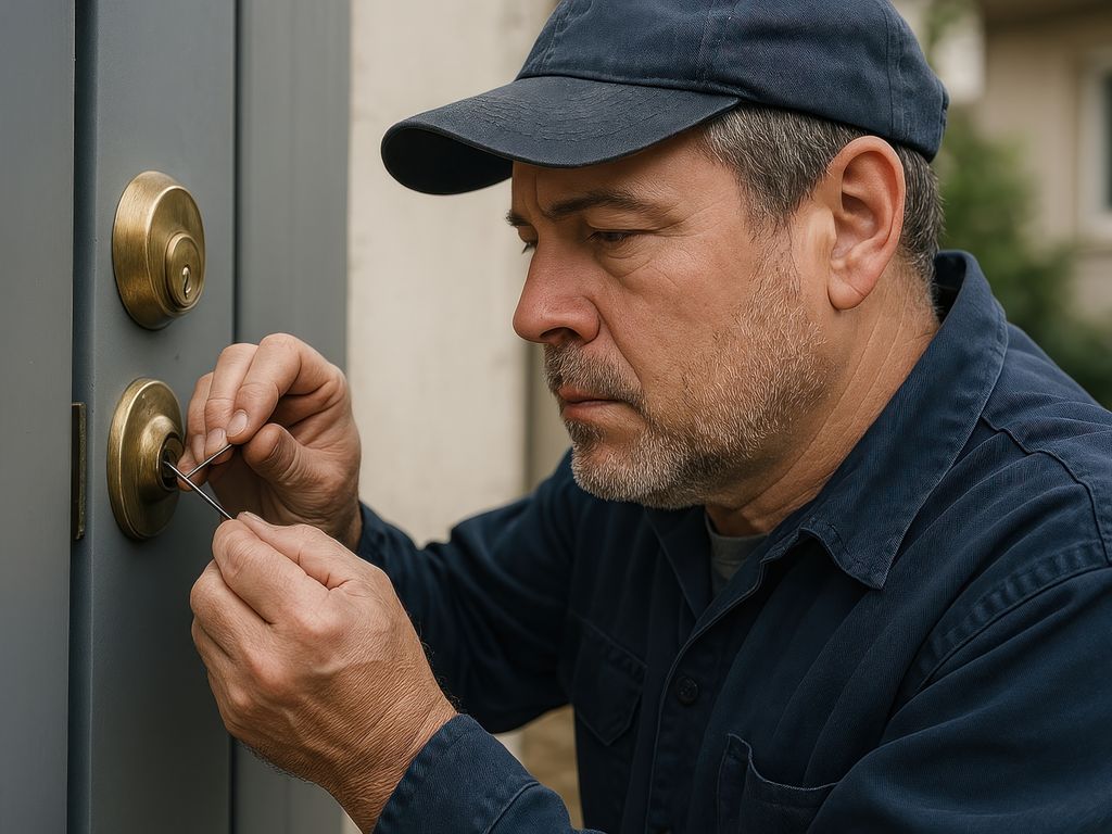 Cerrajero profesional trabajando en una cerradura de puerta