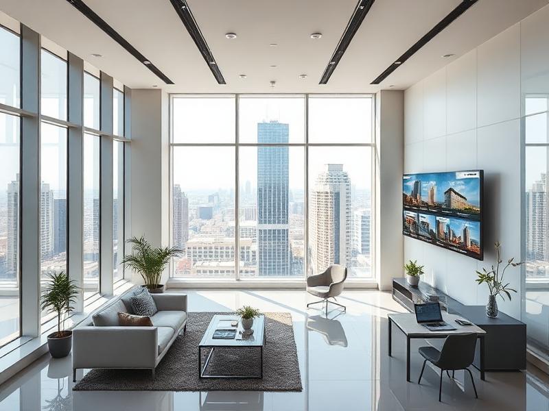 Oficina inmobiliaria moderna con vista panorámica de la ciudad