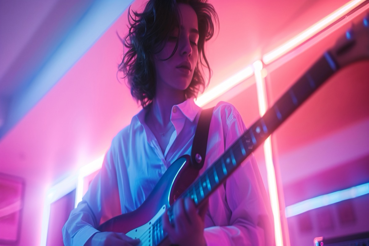 Músico tocando guitarra eléctrica en un estudio profesional